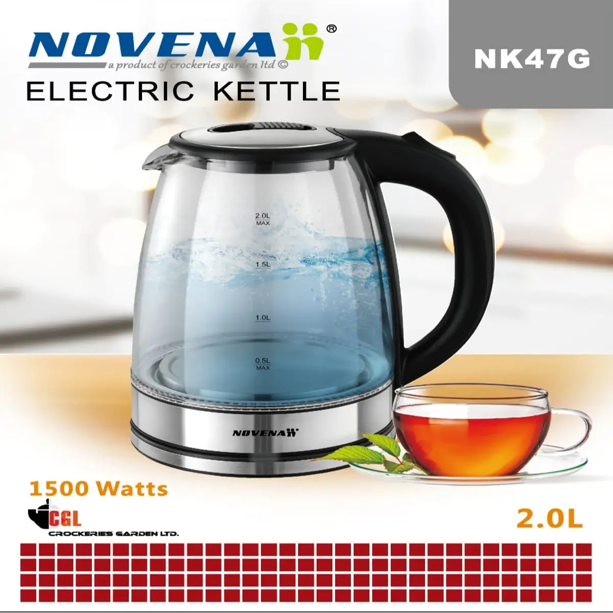 2 litter Glass Novena Fast Boiling Electric Kettle (NK-47G)